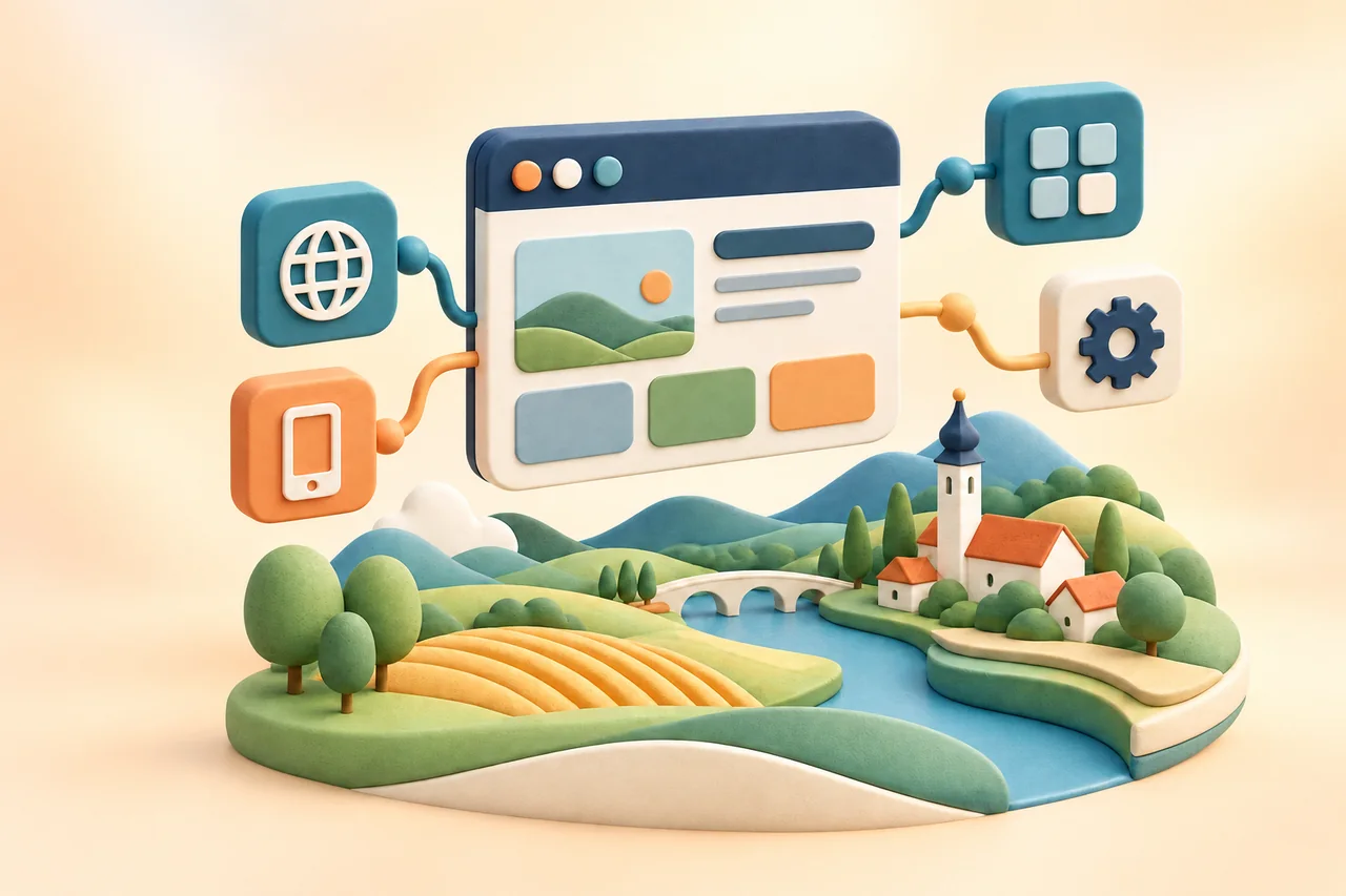 Illustration einer regionalen Landschaft, verbunden mit Bausteinen für Websites und individuelle Software